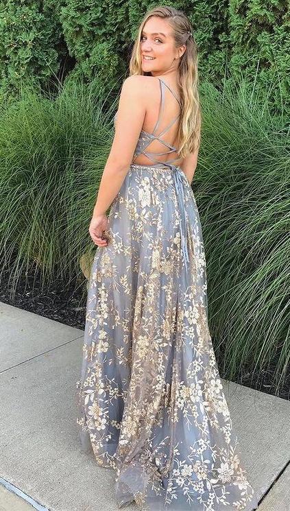 A-Line Lace V-Neck Spaghetti Straps Backless Long Prom Dresses