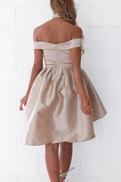 Simple A-Line Off The Shoulder High Low Satin Sleeveless Homecoming Dress