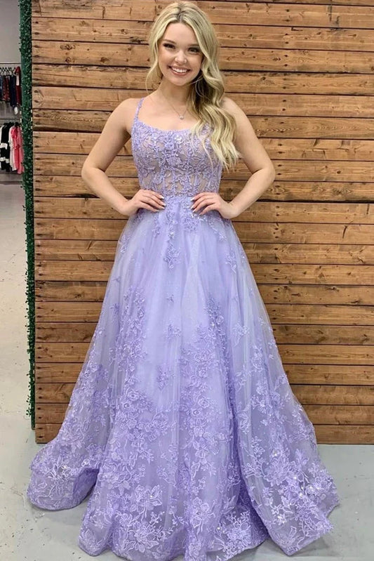 A-Line Purple Spaghetti Straps Chic Blue Tulle Backless Prom Dresses