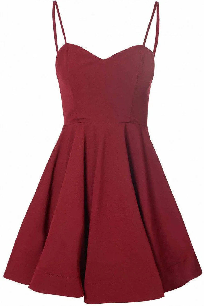 A-Line Spaghetti Straps Satin Burgundy Short Homecoming Dress With Pleats