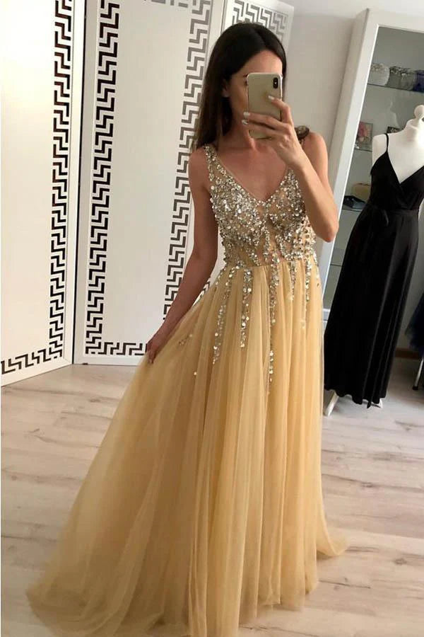 Simple A Line Tulle Beads V Neck Straps Backless Prom Dresses Long Evening Dresses