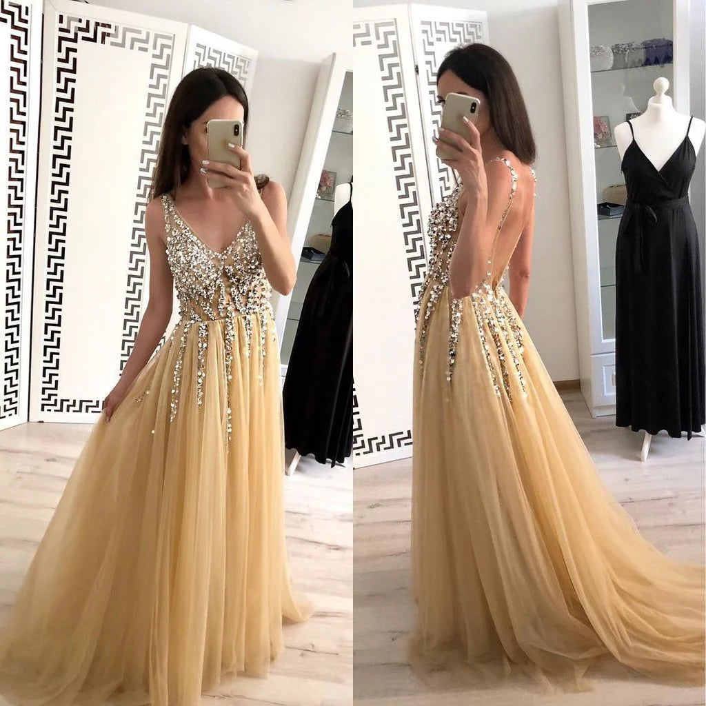 Simple A Line Tulle Beads V Neck Straps Backless Prom Dresses Long Evening Dresses