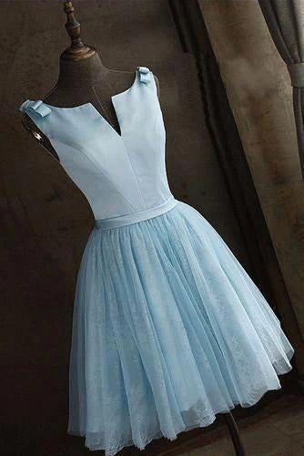 Simple Baby Blue Satin Short V Neck Graduation Dress Homecoming Dresses V Neck Bridesmaid Dresses