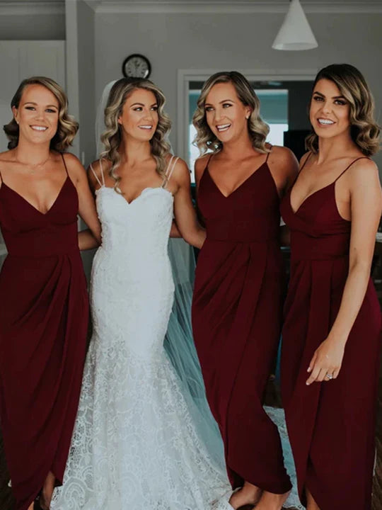 Simple Burgundy Long Backless Bridesmaid Dresses V Neck With Split