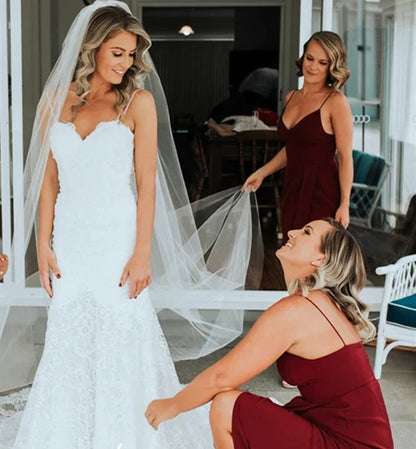 Simple Burgundy Long Backless Bridesmaid Dresses V Neck With Split