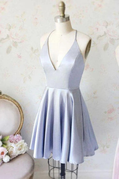 Simple Short Homecoming Dresses, Cheap V Neck Ruched Graduation Dress