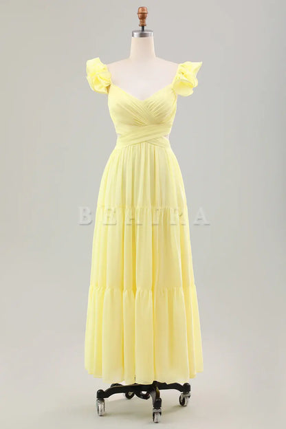 Beaira Simple Lemon Yellow A Line Pleated Chiffon Wedding Party Guest Dress with Ruffles Bridesmaid dress shop