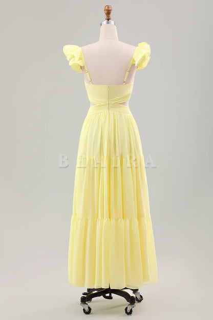 Beaira Simple Lemon Yellow A Line Pleated Chiffon Wedding Party Guest Dress with Ruffles Bridesmaid dress shop