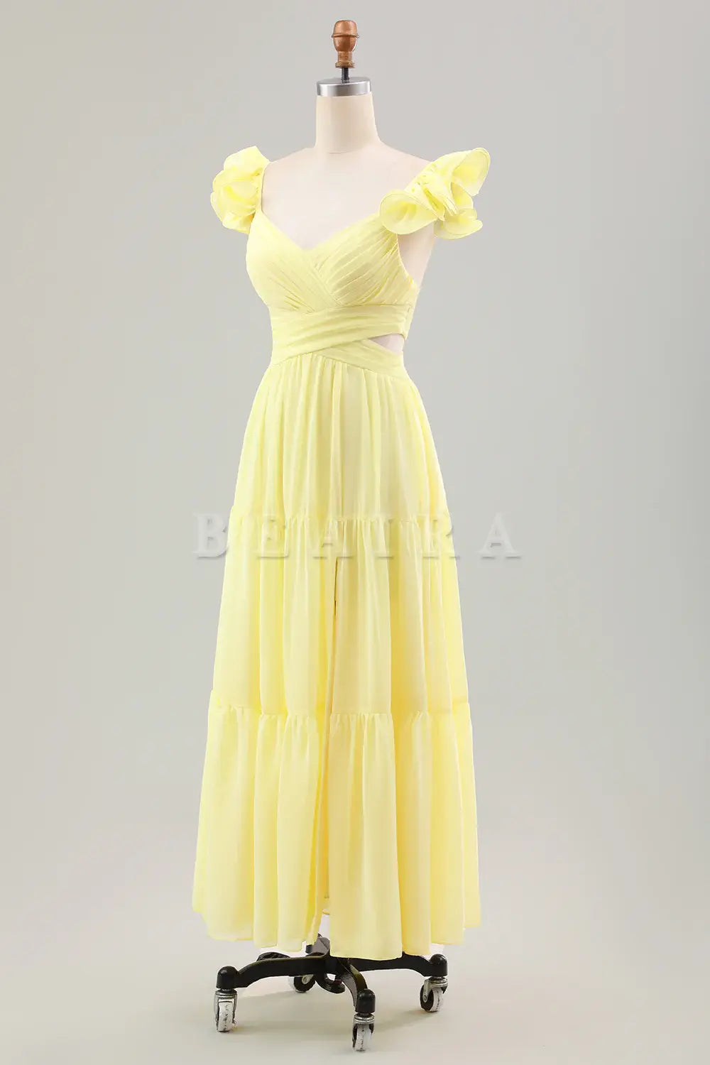 Beaira Simple Lemon Yellow A Line Pleated Chiffon Wedding Party Guest Dress with Ruffles Bridesmaid dress shop