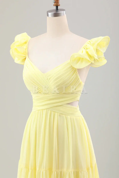 Beaira Simple Lemon Yellow A Line Pleated Chiffon Wedding Party Guest Dress with Ruffles Bridesmaid dress shop