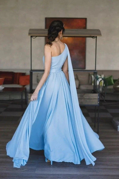 A Line One Shoulder Chiffon Floor Length Prom Dresses