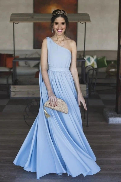 A Line One Shoulder Chiffon Floor Length Prom Dresses