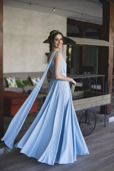 A Line One Shoulder Chiffon Floor Length Prom Dresses