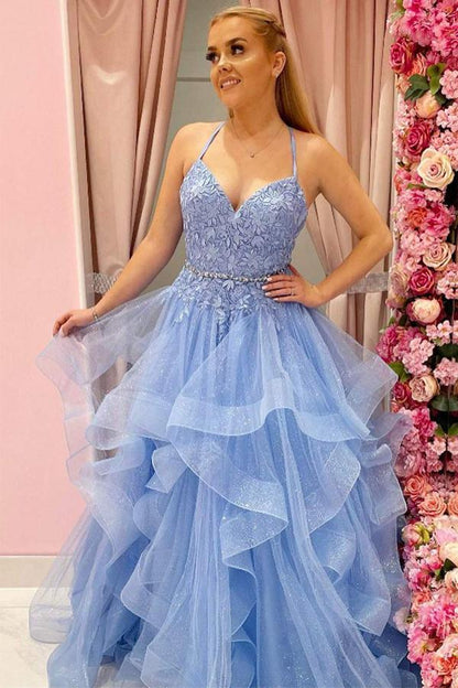 Spaghetti Straps Tulle Floor Length V Neck Prom dresses with Appliques