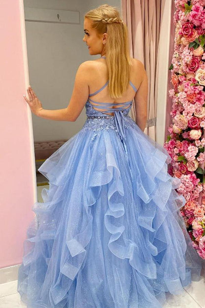 Spaghetti Straps Tulle Floor Length V Neck Prom dresses with Appliques