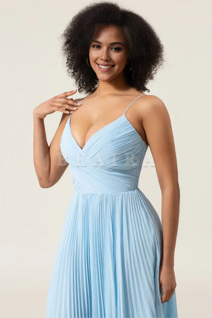 Beaira Sky Blue A-Line Spaghetti Straps Pleated Chiffon Bridesmaid Dress Bridesmaid dress shop