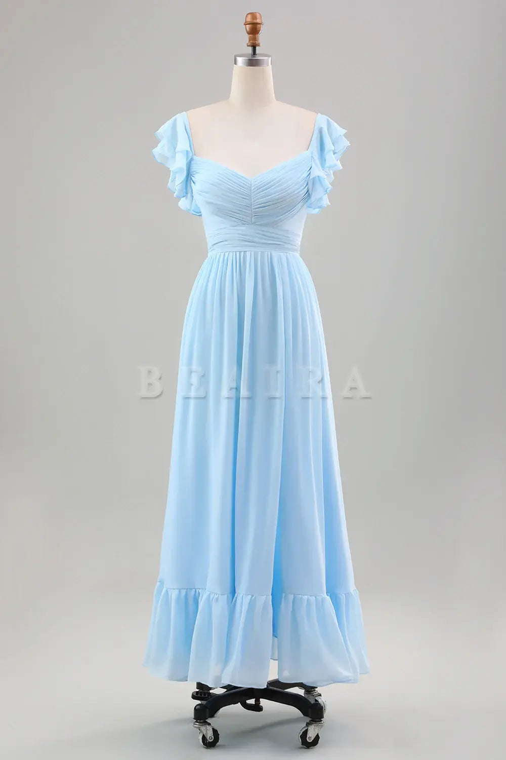 Beaira Sky Blue A Line Chiffon Pleated Tea-Length Dress with Ruffle Sleeves Bridesmaid dress shop