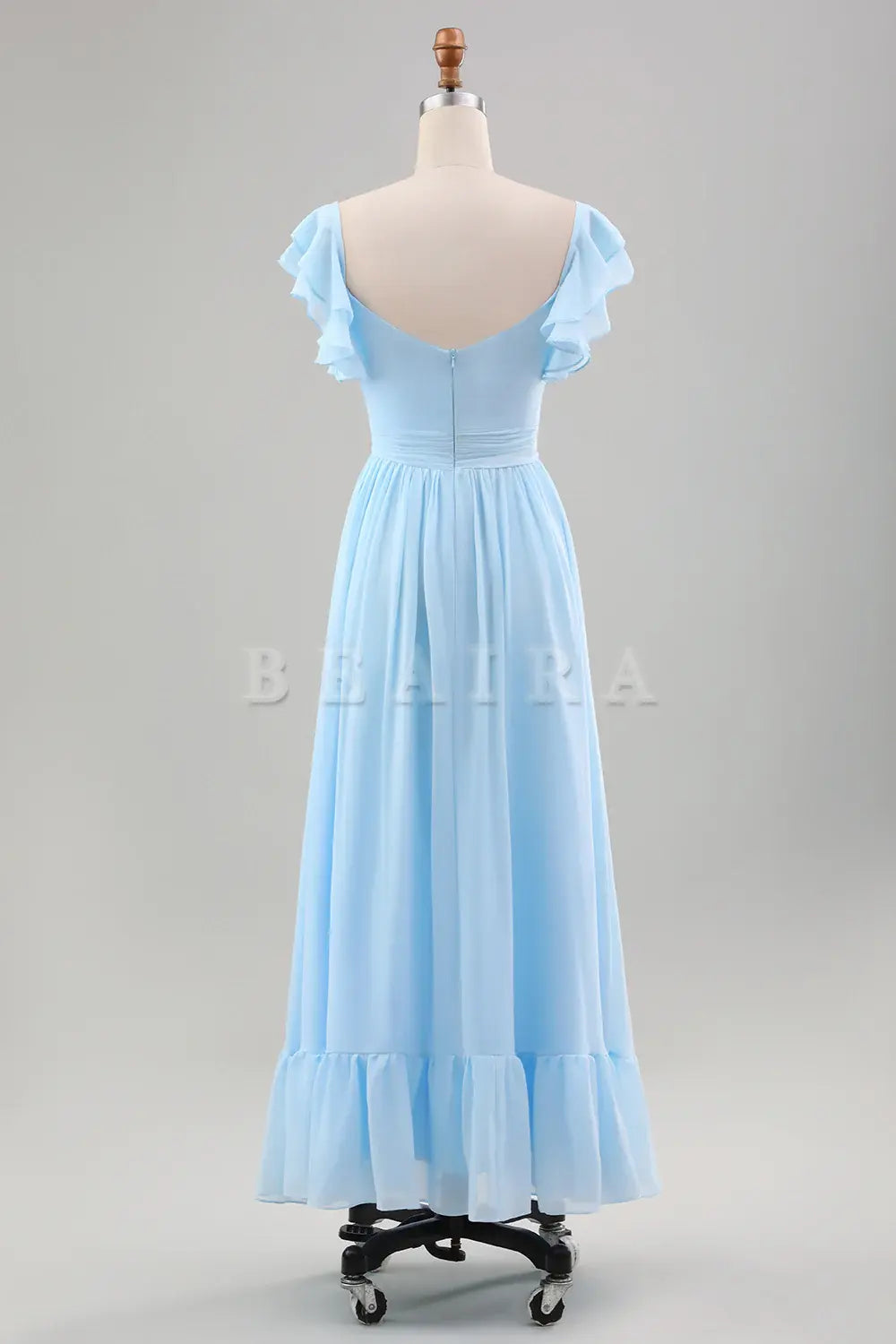 Beaira Sky Blue A Line Chiffon Pleated Tea-Length Dress with Ruffle Sleeves Bridesmaid dress shop