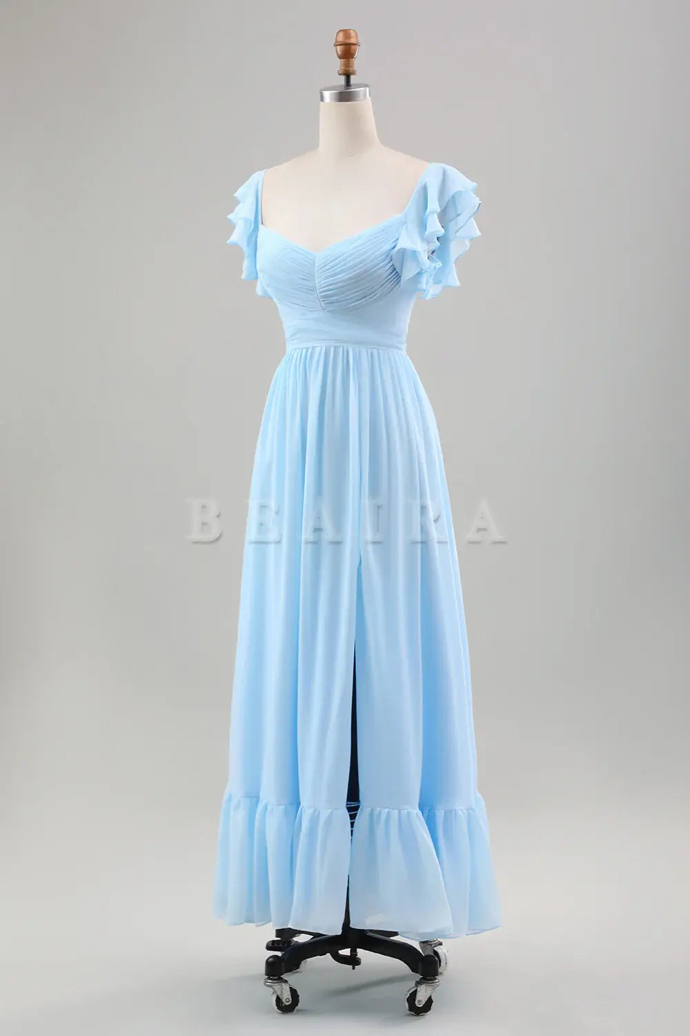 Beaira Sky Blue A Line Chiffon Pleated Tea-Length Dress with Ruffle Sleeves Bridesmaid dress shop