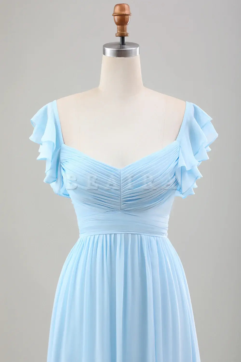 Beaira Sky Blue A Line Chiffon Pleated Tea-Length Dress with Ruffle Sleeves Bridesmaid dress shop