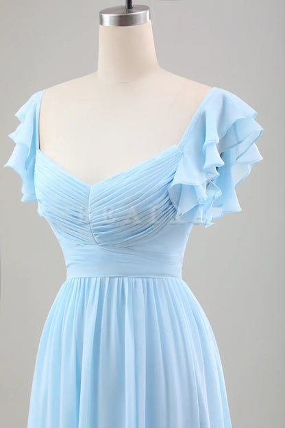 Beaira Sky Blue A Line Chiffon Pleated Tea-Length Dress with Ruffle Sleeves Bridesmaid dress shop