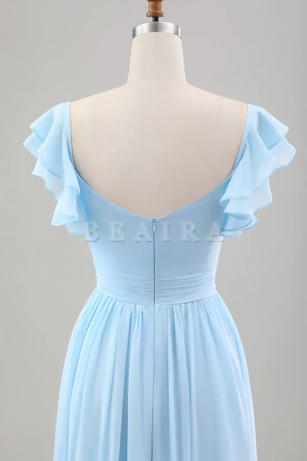 Beaira Sky Blue A Line Chiffon Pleated Tea-Length Dress with Ruffle Sleeves Bridesmaid dress shop