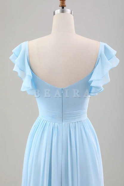 Beaira Sky Blue A Line Chiffon Pleated Tea-Length Dress with Ruffle Sleeves Bridesmaid dress shop