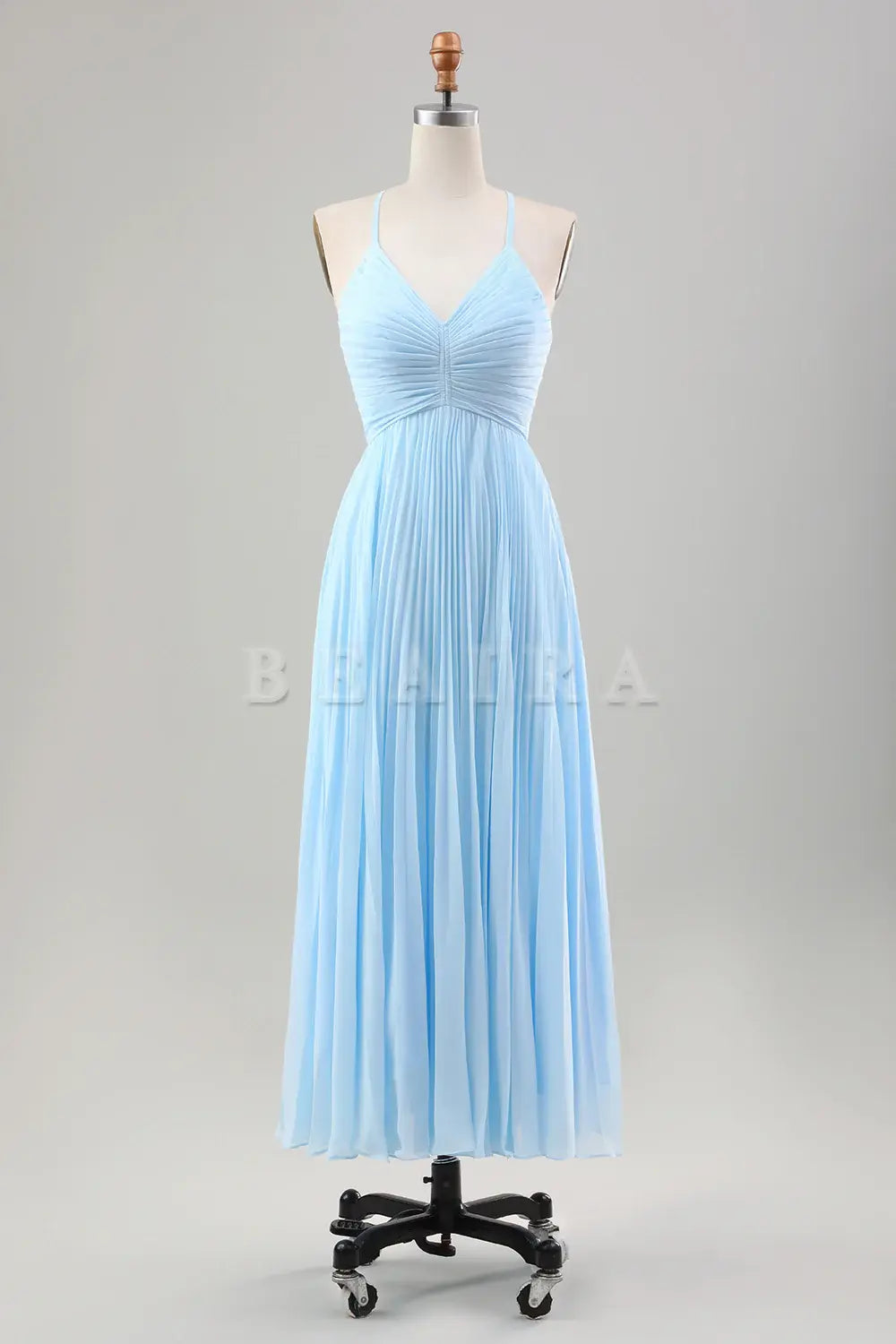 Beaira Sky Blue A Line Spaghetti Straps Pleated Chiffon Tea-Length Dress Bridesmaid dress shop