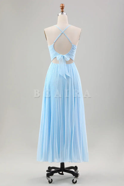 Beaira Sky Blue A Line Spaghetti Straps Pleated Chiffon Tea-Length Dress Bridesmaid dress shop