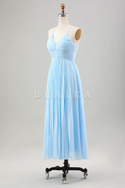 Beaira Sky Blue A Line Spaghetti Straps Pleated Chiffon Tea-Length Dress Bridesmaid dress shop