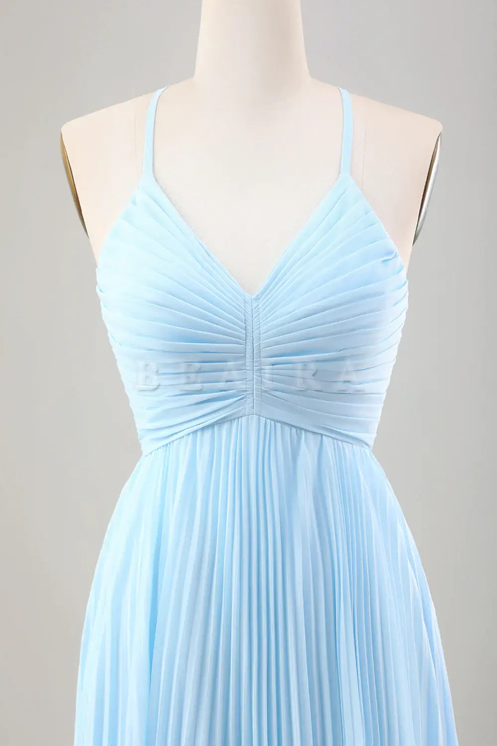 Beaira Sky Blue A Line Spaghetti Straps Pleated Chiffon Tea-Length Dress Bridesmaid dress shop