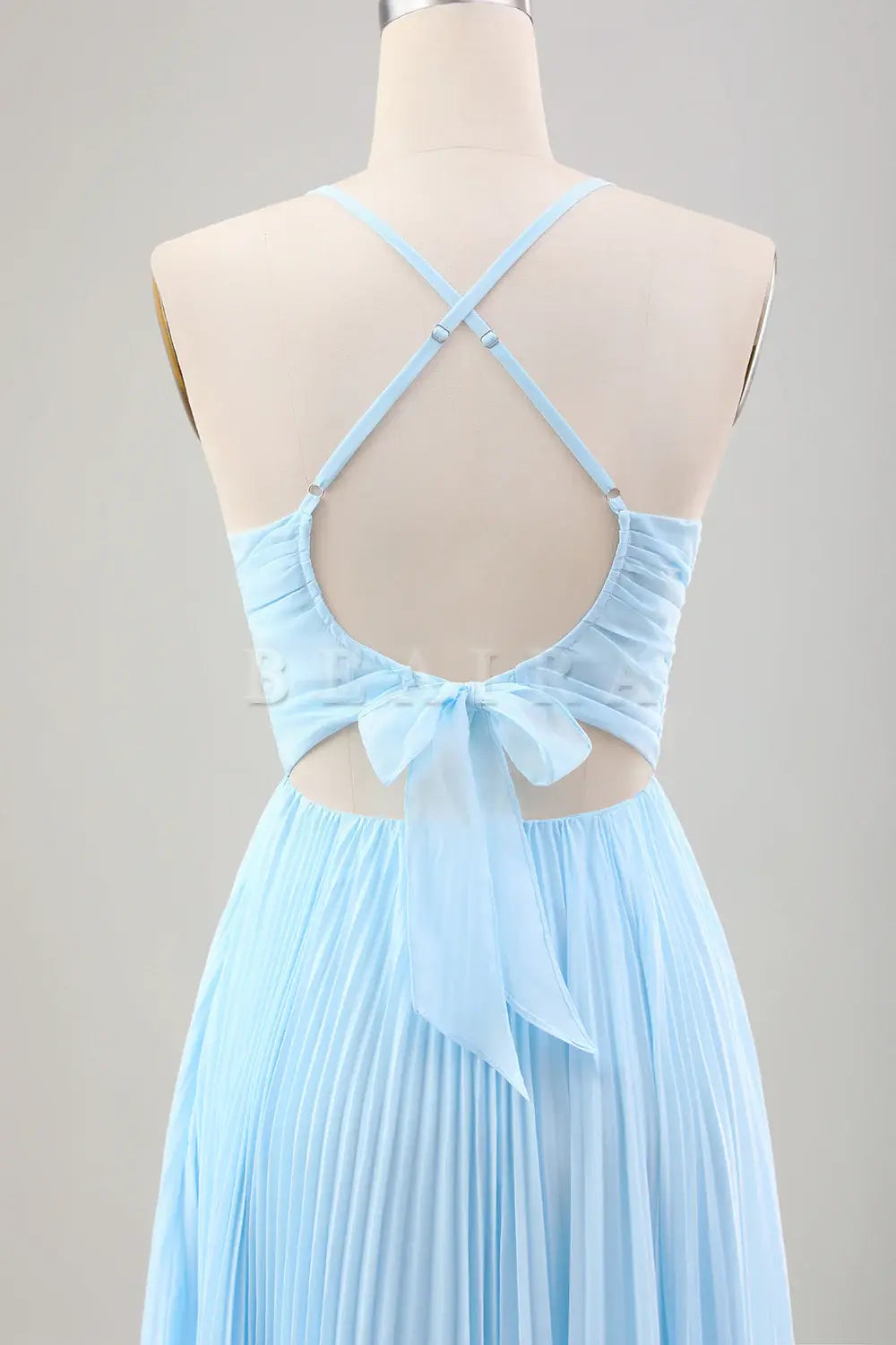 Beaira Sky Blue A Line Spaghetti Straps Pleated Chiffon Tea-Length Dress Bridesmaid dress shop