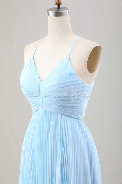 Beaira Sky Blue A Line Spaghetti Straps Pleated Chiffon Tea-Length Dress Bridesmaid dress shop