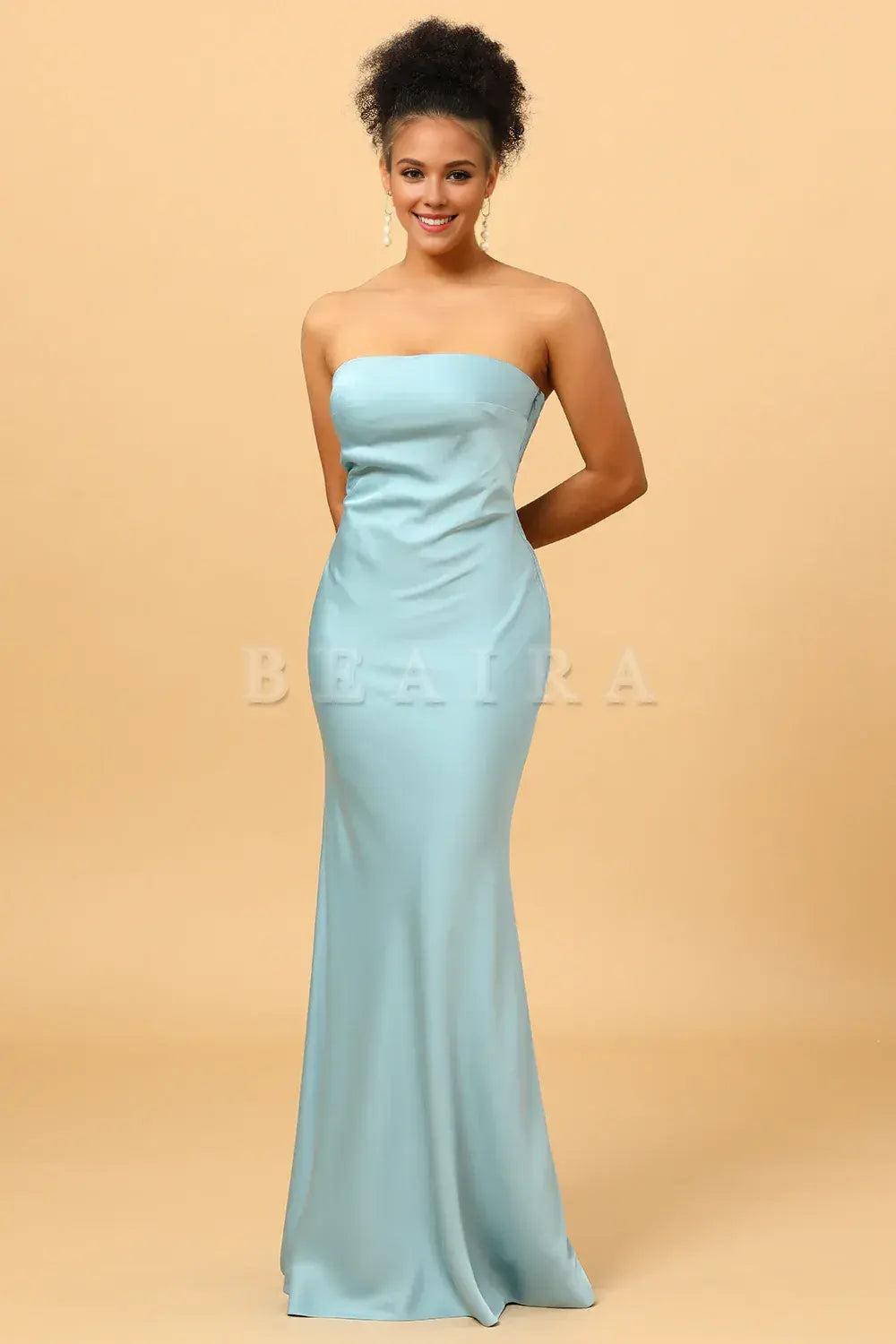 Beaira Sky Blue Mermaid Strapless Floor Length Satin Bridesmaid Dress with Open Back Bridesmaid dress shop