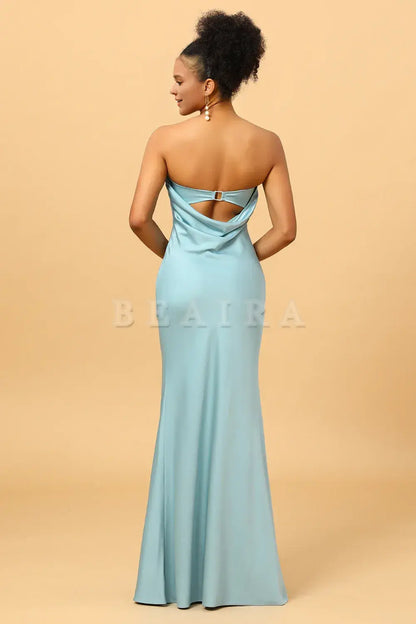 Beaira Sky Blue Mermaid Strapless Floor Length Satin Bridesmaid Dress with Open Back Bridesmaid dress shop