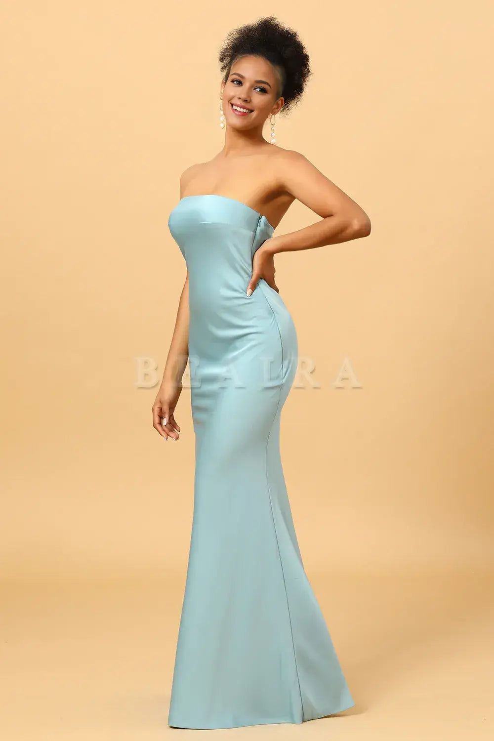 Beaira Sky Blue Mermaid Strapless Floor Length Satin Bridesmaid Dress with Open Back Bridesmaid dress shop