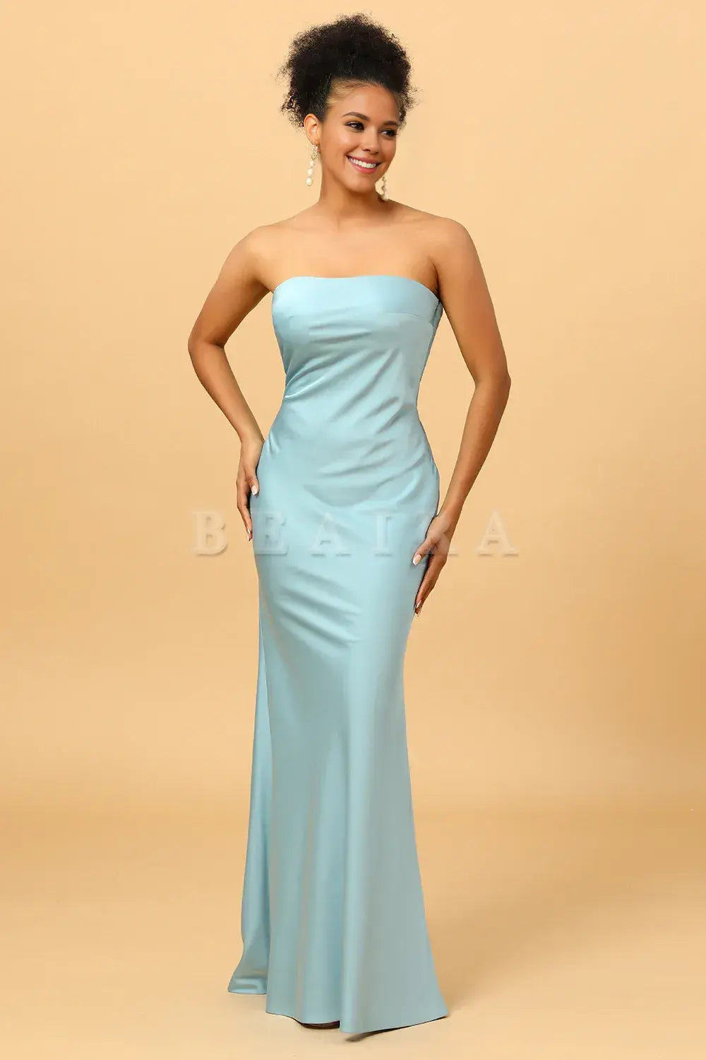 Beaira Sky Blue Mermaid Strapless Floor Length Satin Bridesmaid Dress with Open Back Bridesmaid dress shop