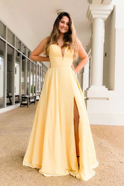 A Line Side Slit Satin Light Yellow Long Prom Dresses