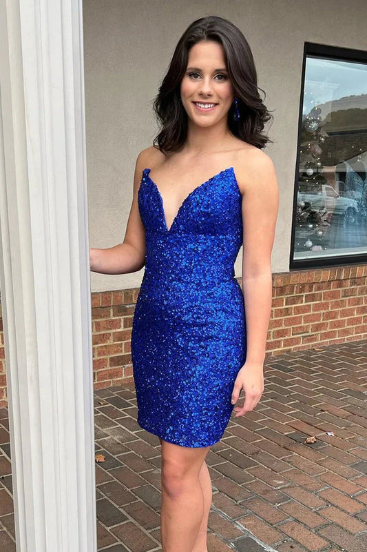 Sleeveless V Neck Royal Blue Homecoming Dresses Strapless Sequins Sheath Short Cocktail Dress