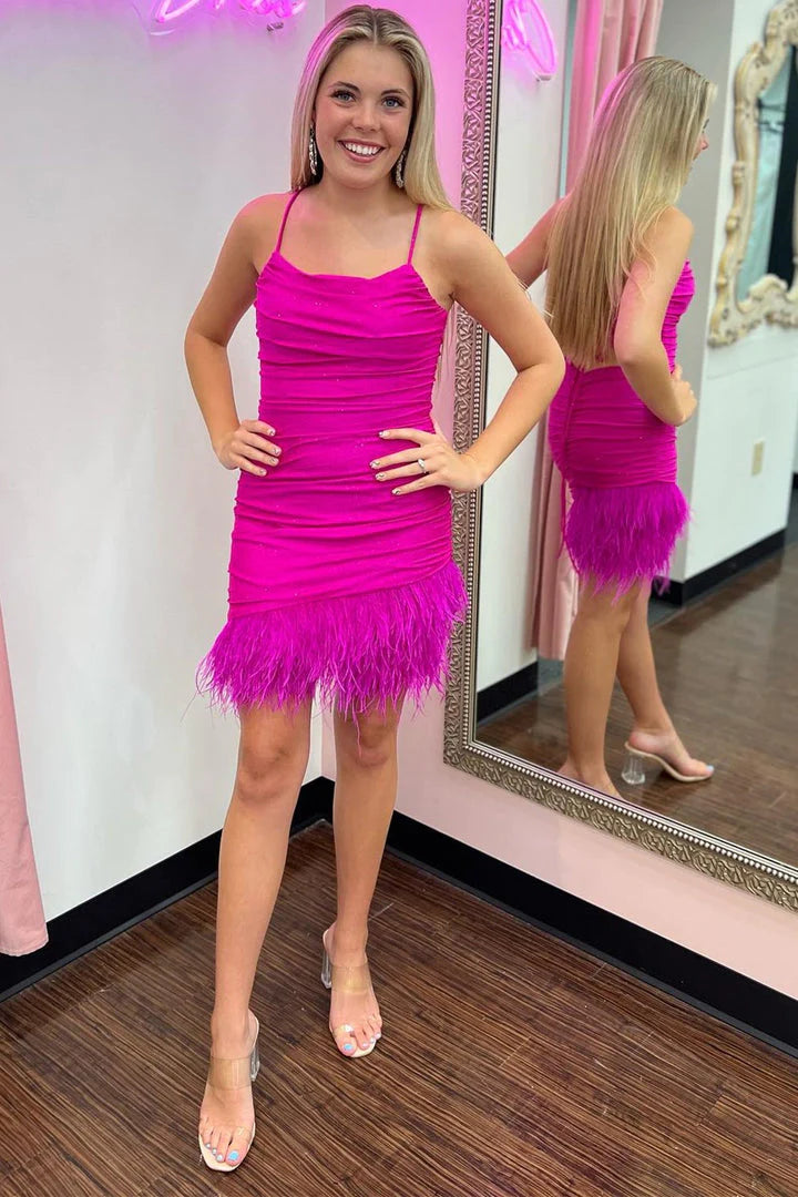 Spaghetti Strap Ruched Sheath Feathers Homecoming Dresses Spandex Short/Mini