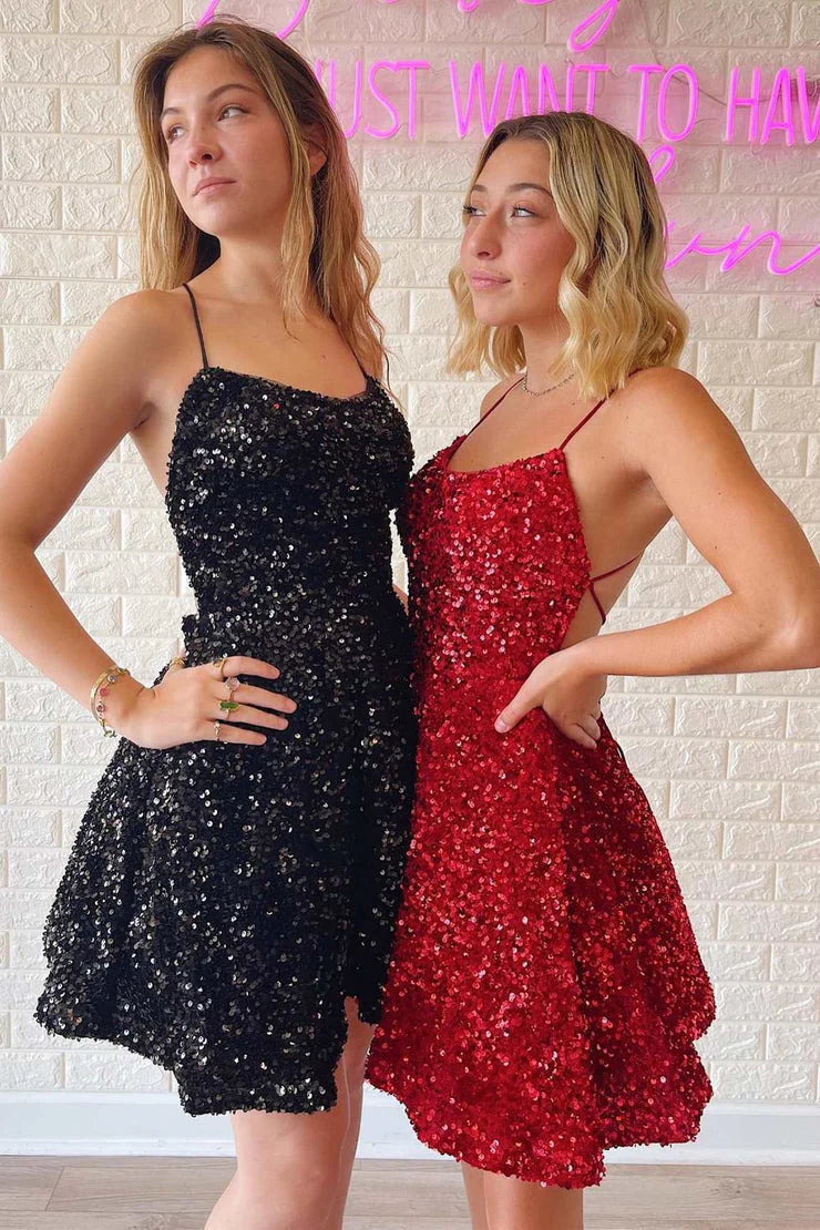 Spaghetti Straps Homecoming Dresses A Line Scoop Short/Mini Sequin Cocktail Dress