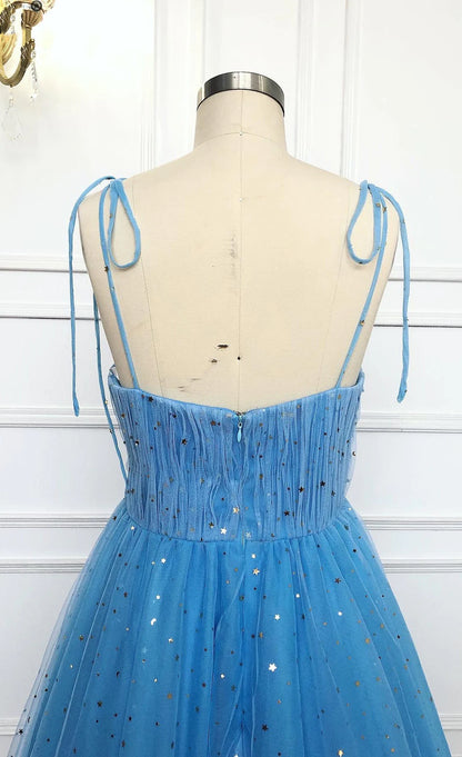 Spaghetti Straps Sequins Blue Tea Length Prom Dress, Blue Tea length Formal Homecoming Dress, Sequins Evening Dress