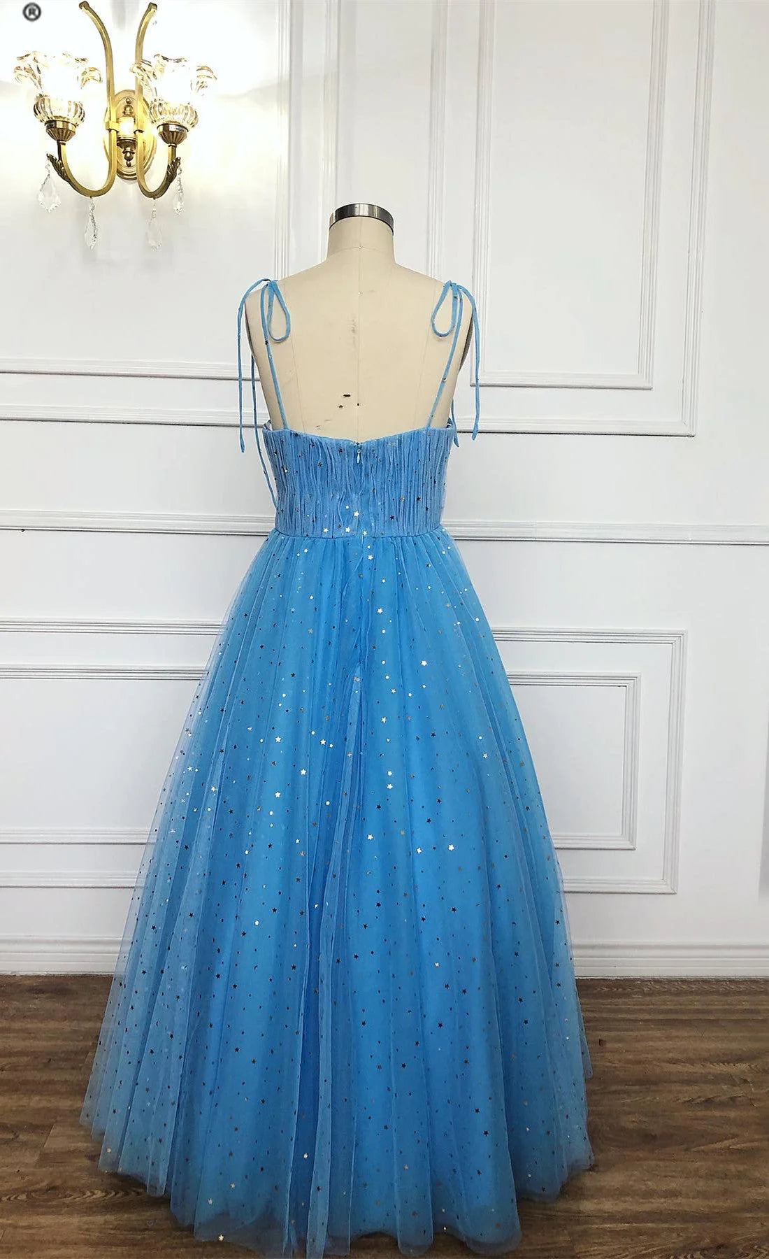 Spaghetti Straps Sequins Blue Tea Length Prom Dress, Blue Tea length Formal Homecoming Dress, Sequins Evening Dress