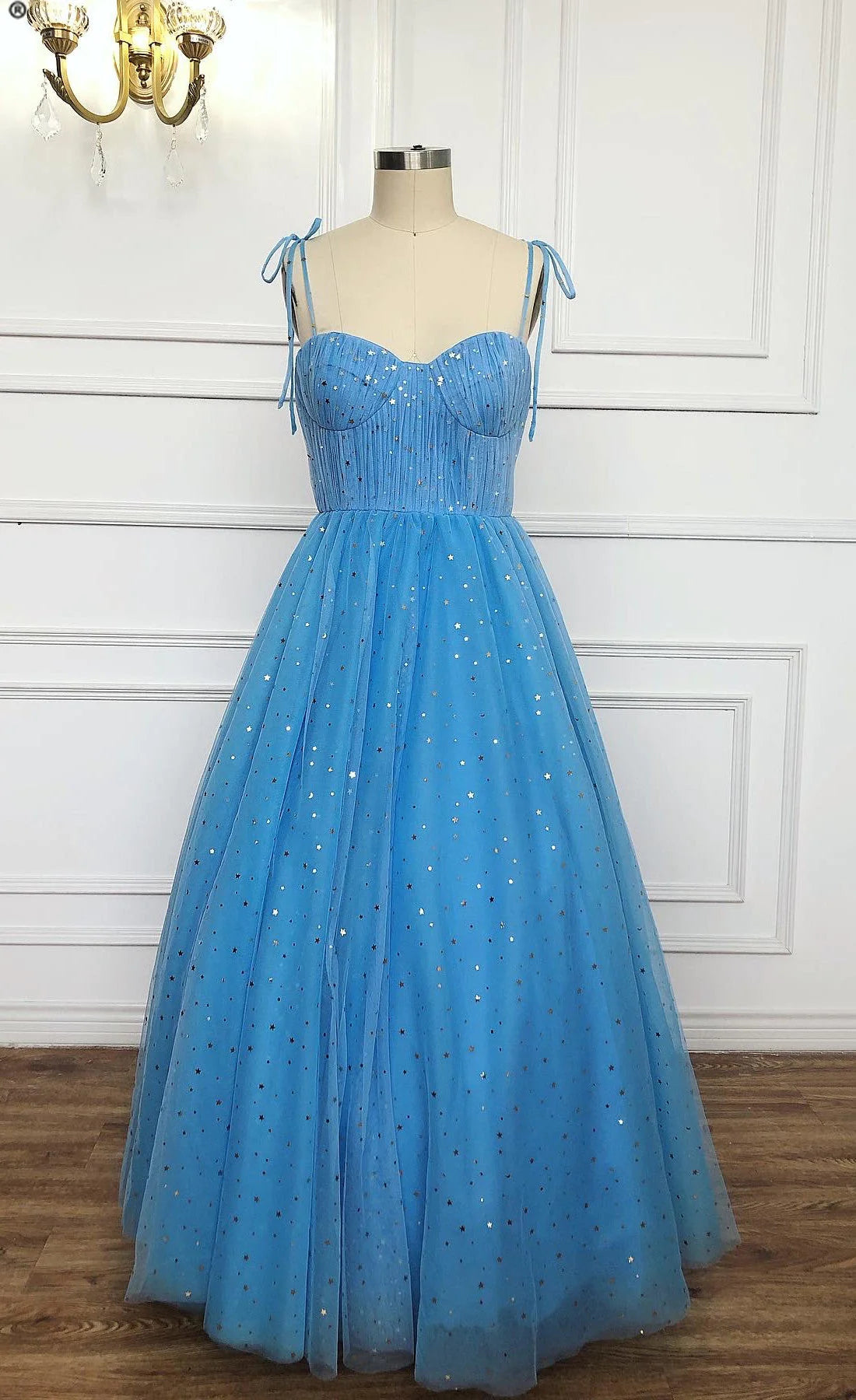 Spaghetti Straps Sequins Blue Tea Length Prom Dress, Blue Tea length Formal Homecoming Dress, Sequins Evening Dress