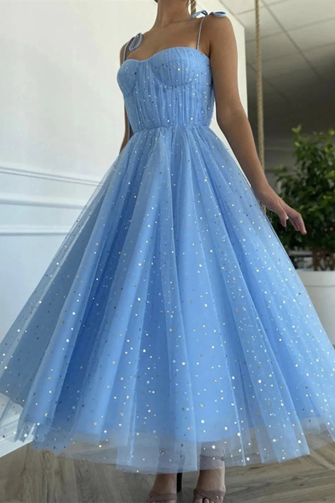 Spaghetti Straps Sequins Blue Tea Length Prom Dress, Blue Tea length Formal Homecoming Dress, Sequins Evening Dress