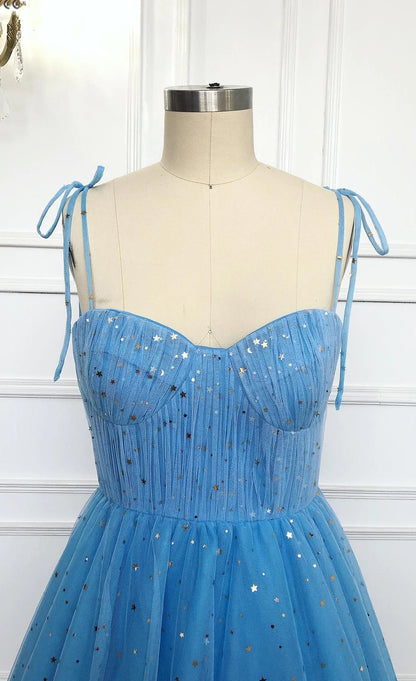 Spaghetti Straps Sequins Blue Tea Length Prom Dress, Blue Tea length Formal Homecoming Dress, Sequins Evening Dress