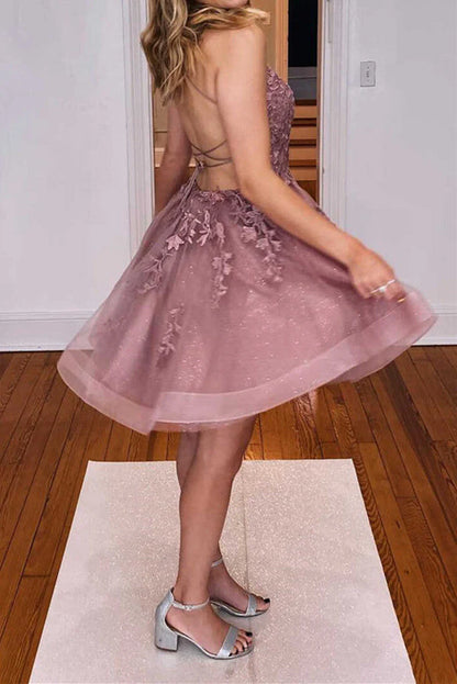 Spaghetti Straps Short Tulle Sleeveless Dress A-line Homecoming Dresses With Applique