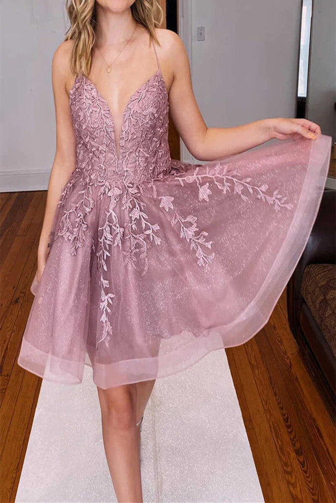 Spaghetti Straps Short Tulle Sleeveless Dress A-line Homecoming Dresses With Applique