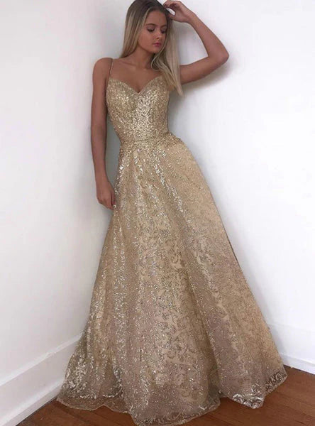 Spaghetti Straps V Neck A Line Prom Dresses Sequins Tulle Floor Length