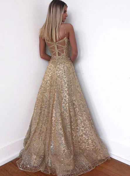 Spaghetti Straps V Neck A Line Prom Dresses Sequins Tulle Floor Length